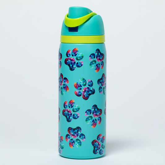 Turquoise water bottle with colorful paw prints and green lid on a light gray background