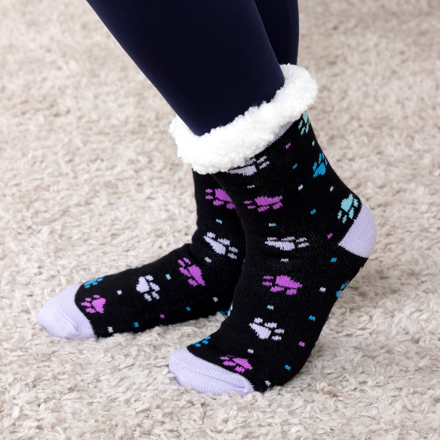 Sherpa Fleece-Lined Paw Print Cabin Slipper Socks