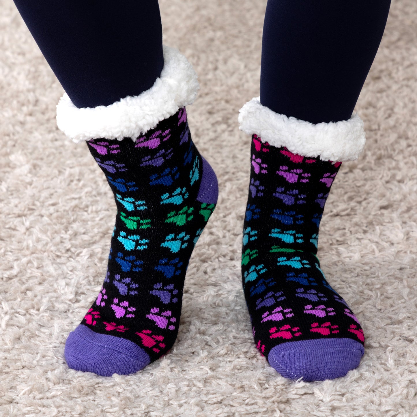 Sherpa Fleece-Lined Paw Print Cabin Slipper Socks