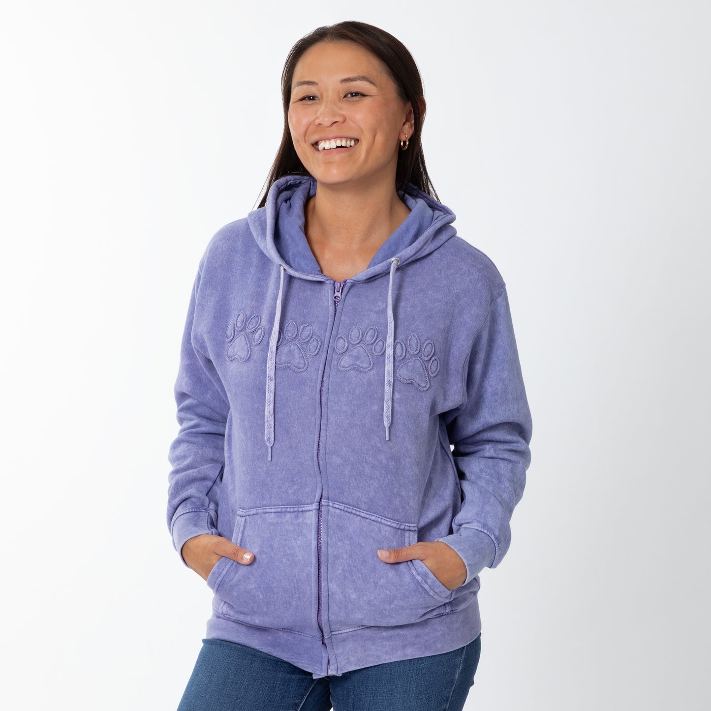 Paw Print Applique Acid Wash Zip Hoodie