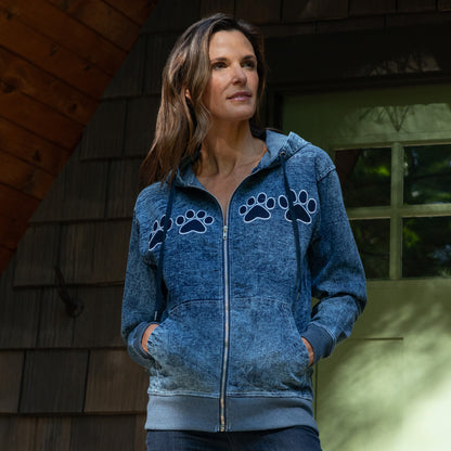 Paw Print Stretch Denim Full Zip Hoodie