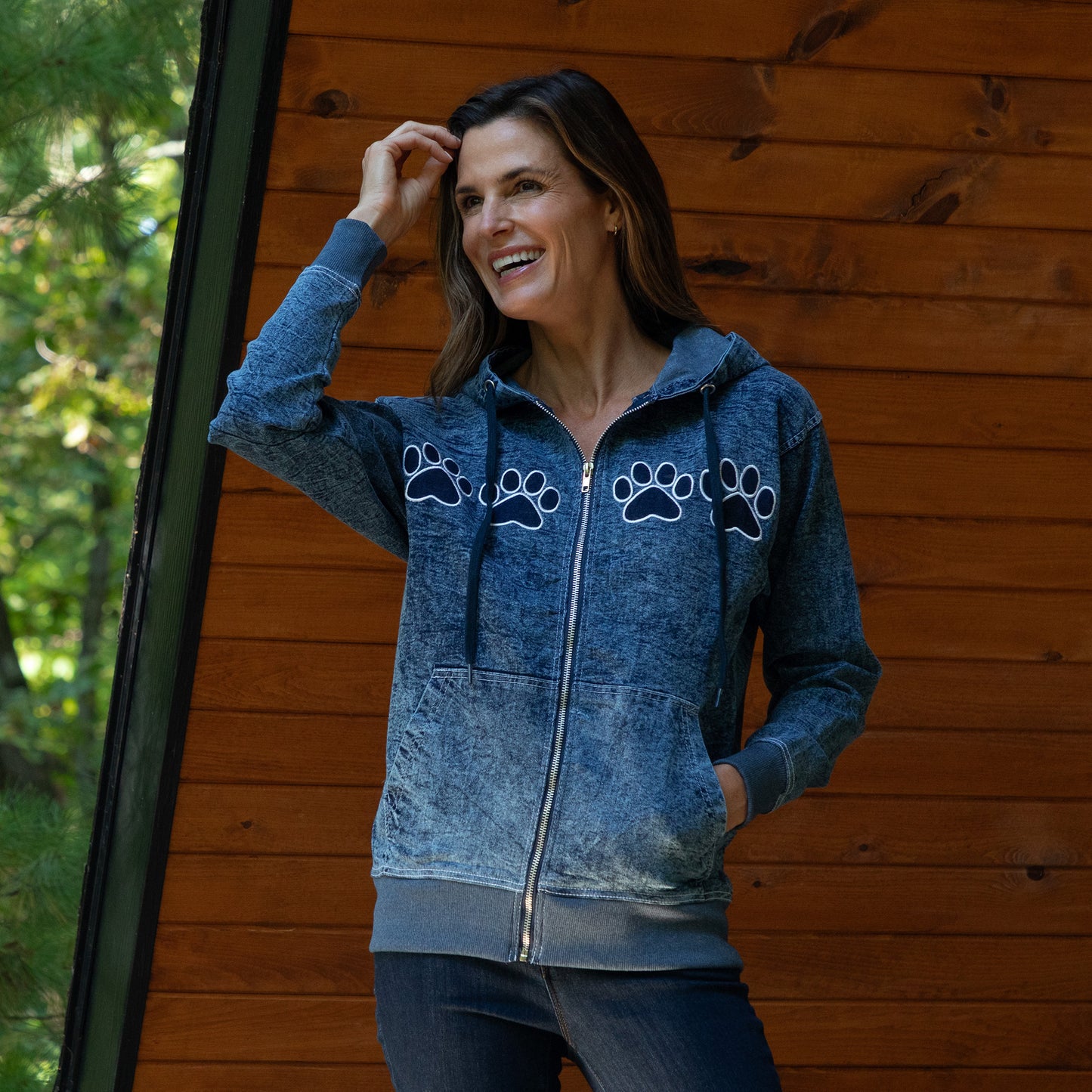 Paw Print Stretch Denim Full Zip Hoodie