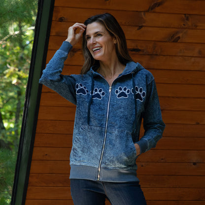 Paw Print Stretch Denim Full Zip Hoodie