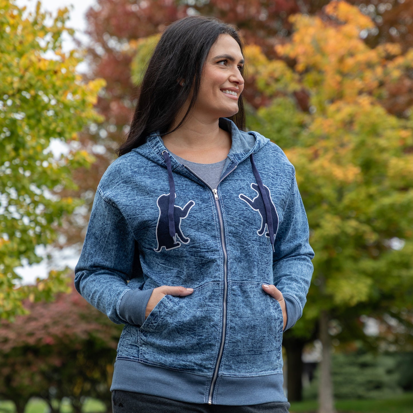 Paw Print Stretch Denim Full Zip Hoodie