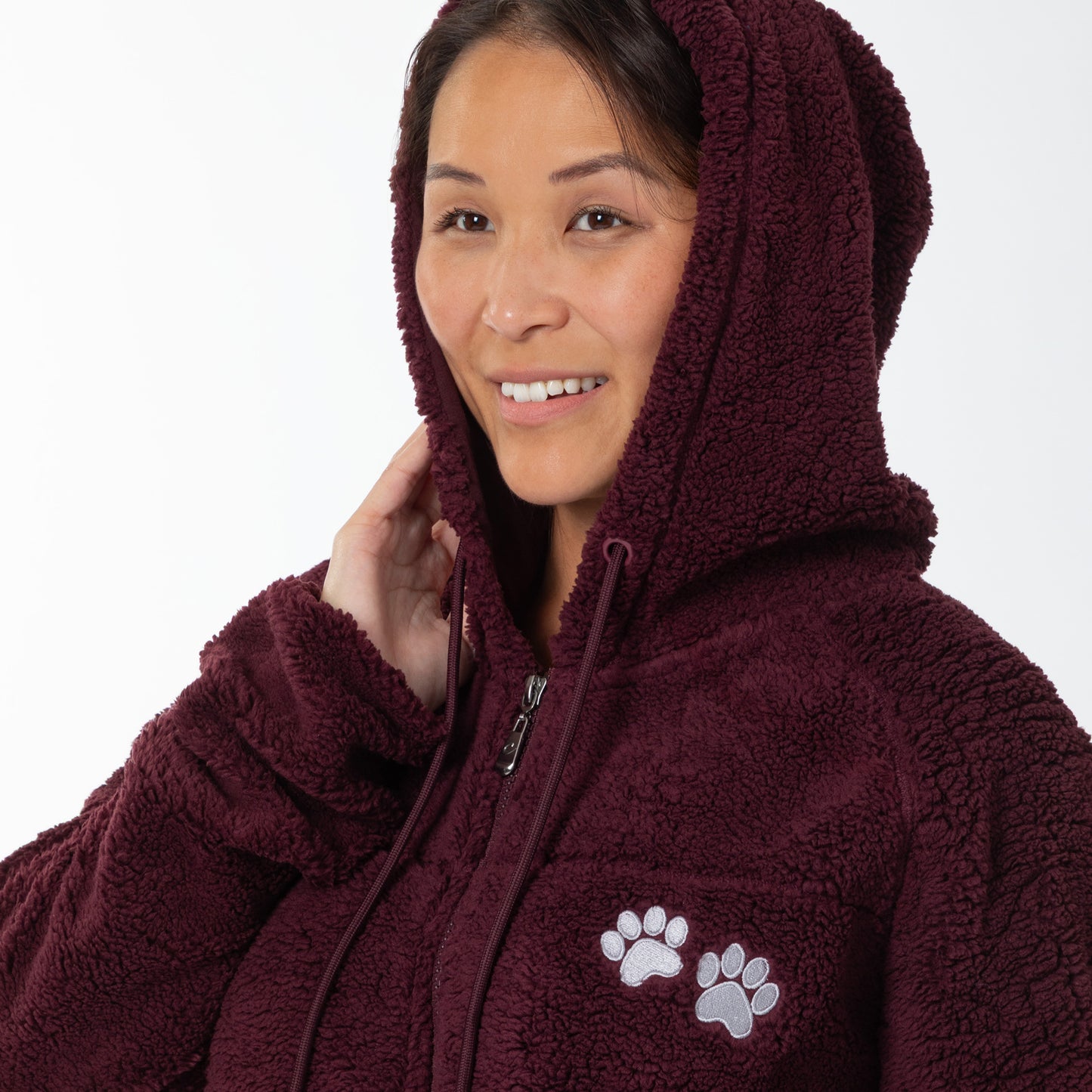 Paw Print Sherpa Full Zip Hooded Jacket with Zippered Side Pockets