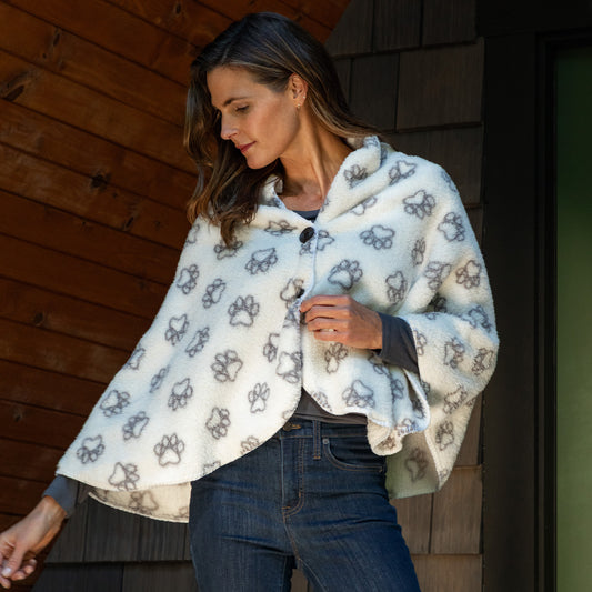 Paw Print Outline Sherpa Fleece Two Button Cape
