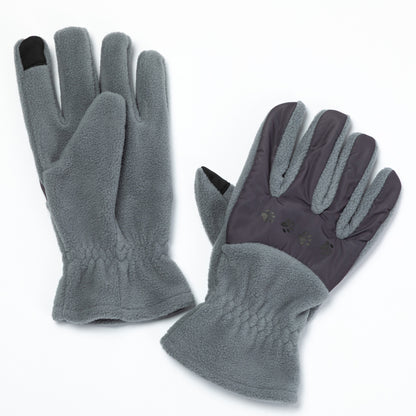 Pair of gray gloves with purple lining on a white background