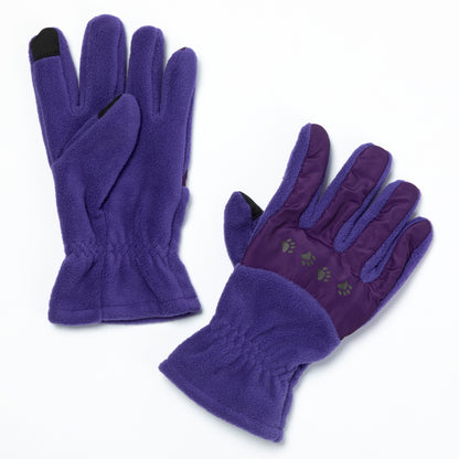 Pair of purple gloves with paw print design on a white background