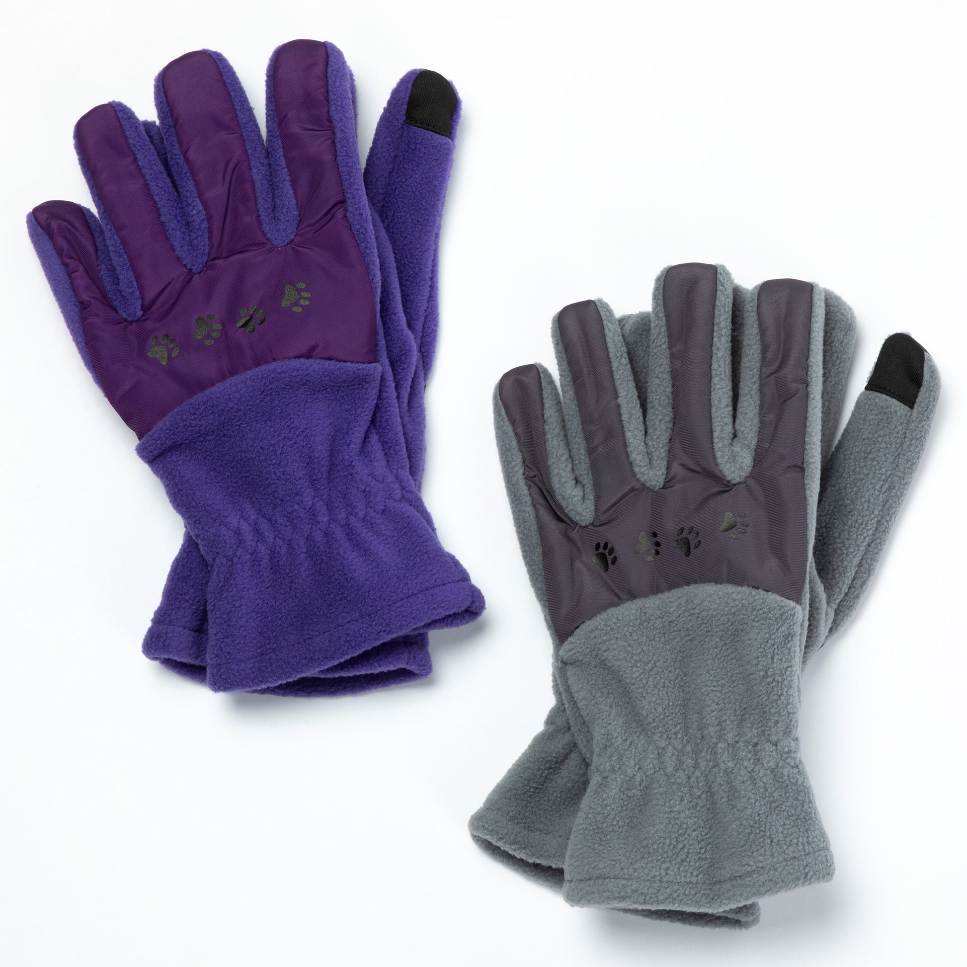 Pair of purple and gray fleece gloves on a white background