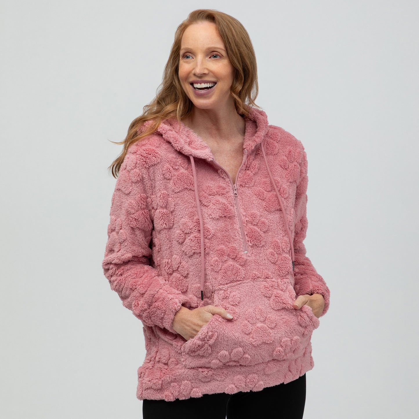 Raised Paw Print Sherpa Fleece Quarter Zip Hoodie with Kangaroo Pocket
