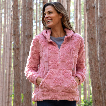 Raised Paw Print Sherpa Fleece Quarter Zip Hoodie with Kangaroo Pocket