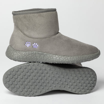 Gray slip-on shoes with paw print design on a light gray background