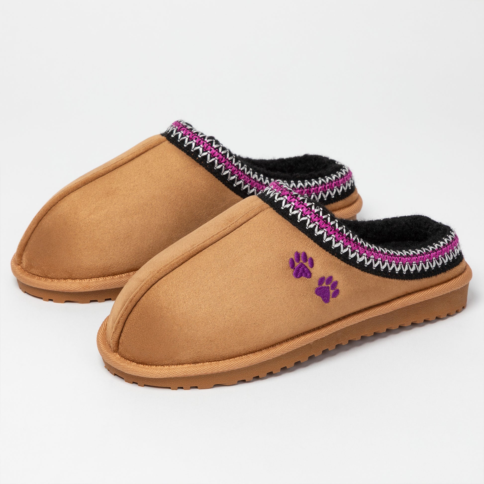 Pair of tan slippers with a decorative trim and paw print on a white background