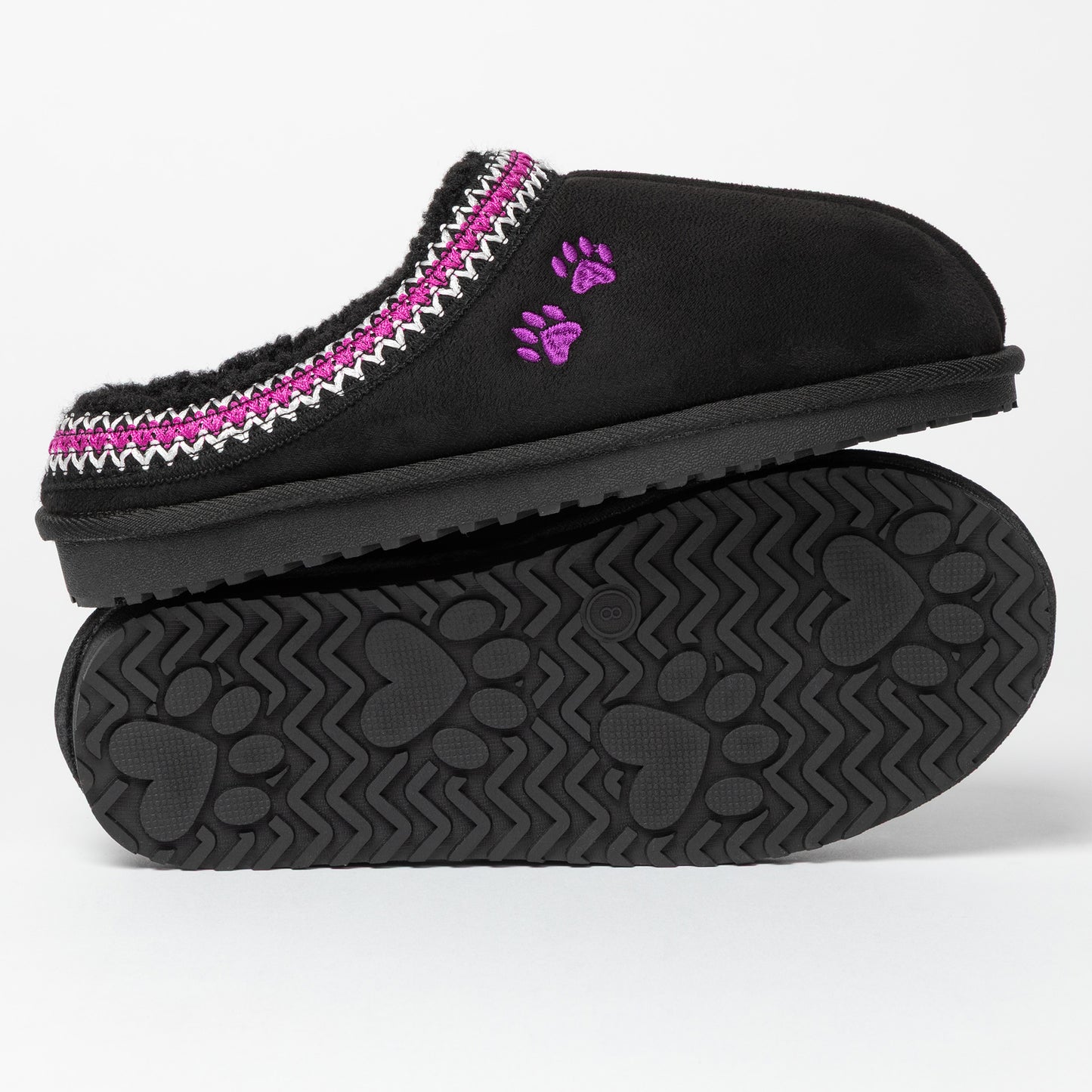 Black slipper with pink accents and paw prints on a white background.