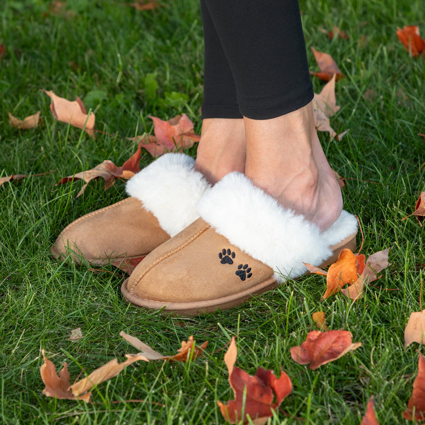 Paw Print Fuzzy Faux Fur-Lined Mule Slippers