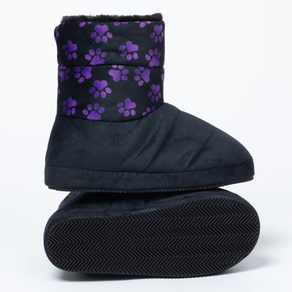 A pair of black slipper boots with a purple paw print pattern on the cuff, shown from the side and bottom against a white background.