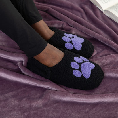 Sherpa Fleece Paw Print Slippers with Elastic Heel Strap