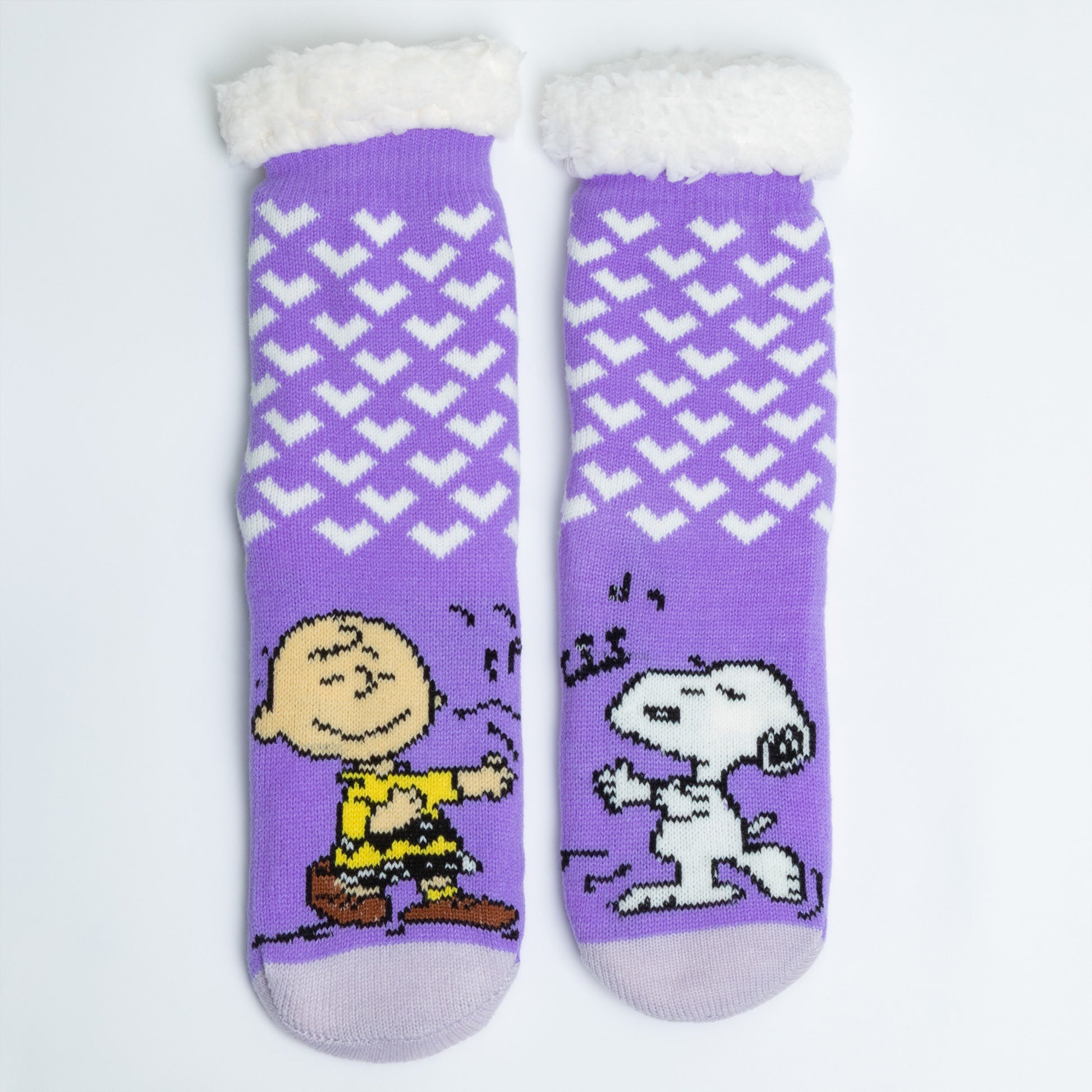 Pair of purple socks with cartoon characters on a white background