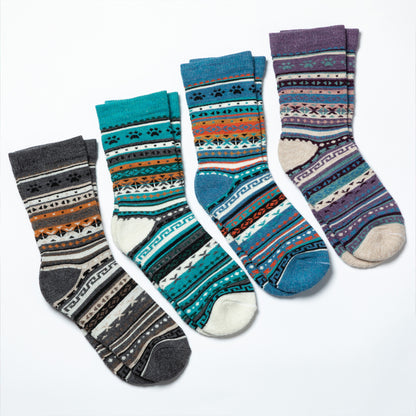 Set of four patterned socks on a white background