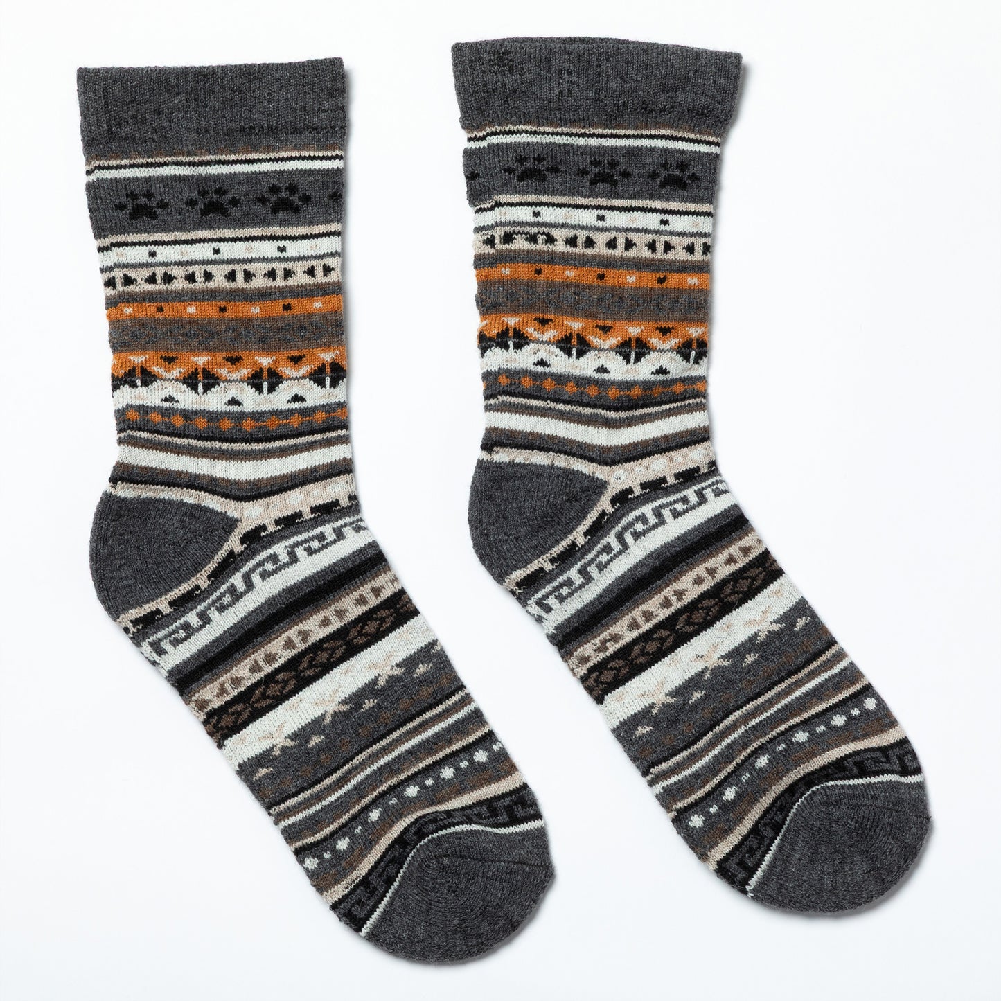 Pair of patterned socks with gray, orange, and white design on a white background