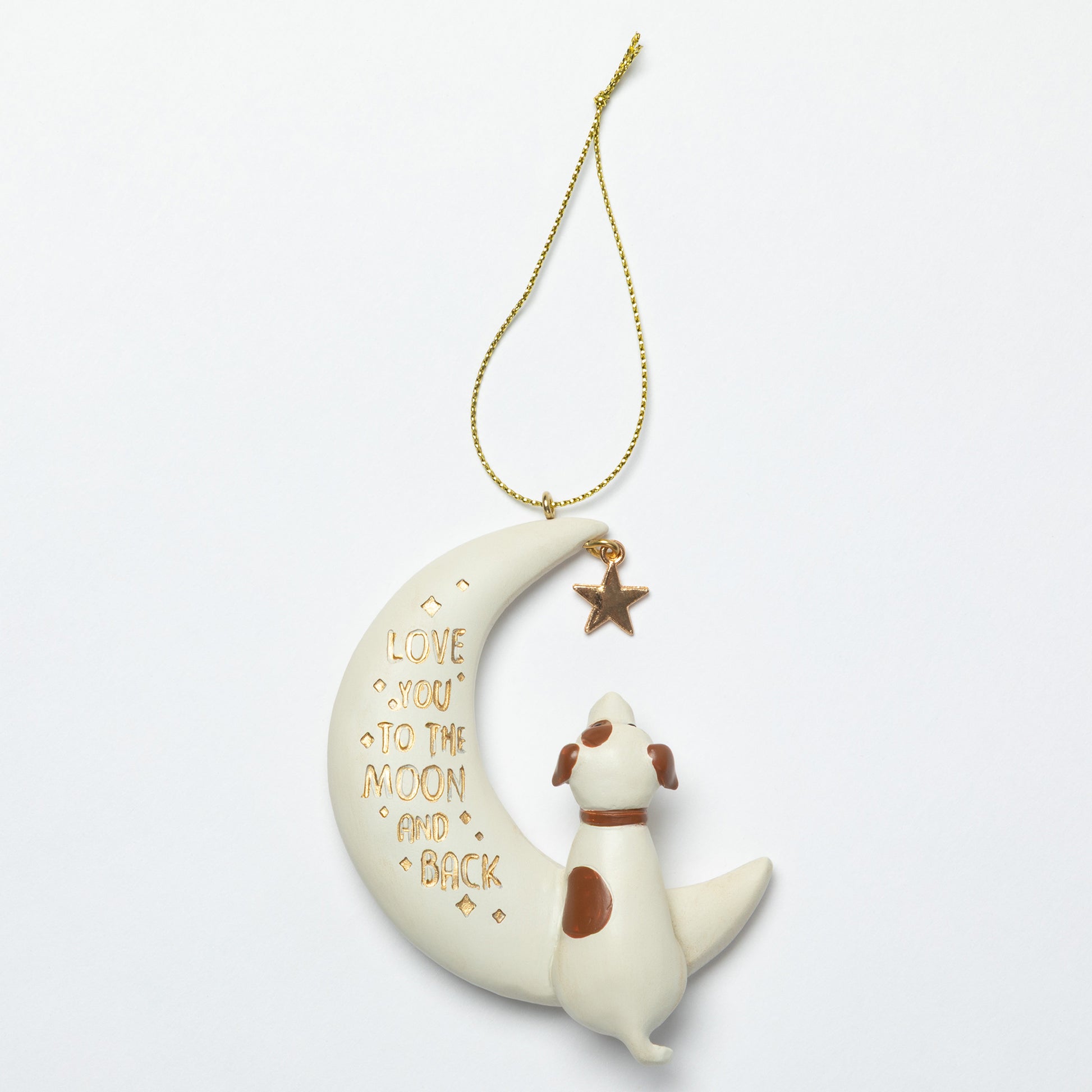 Decorative hanging ornament with a dog on a moon, featuring the text 'Love you to the moon and back'.