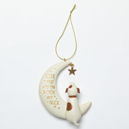 Decorative hanging ornament with a dog on a moon, featuring the text 'Love you to the moon and back'.
