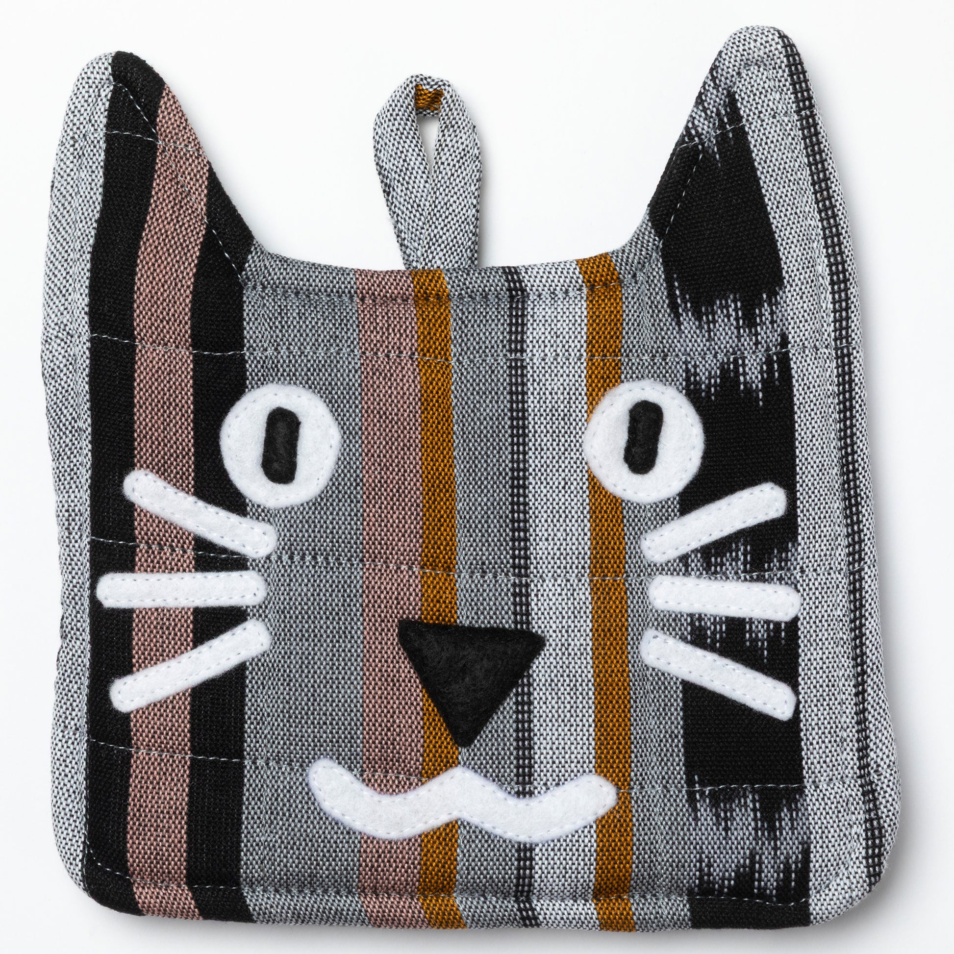 Striped cat-shaped pot holder with a white background