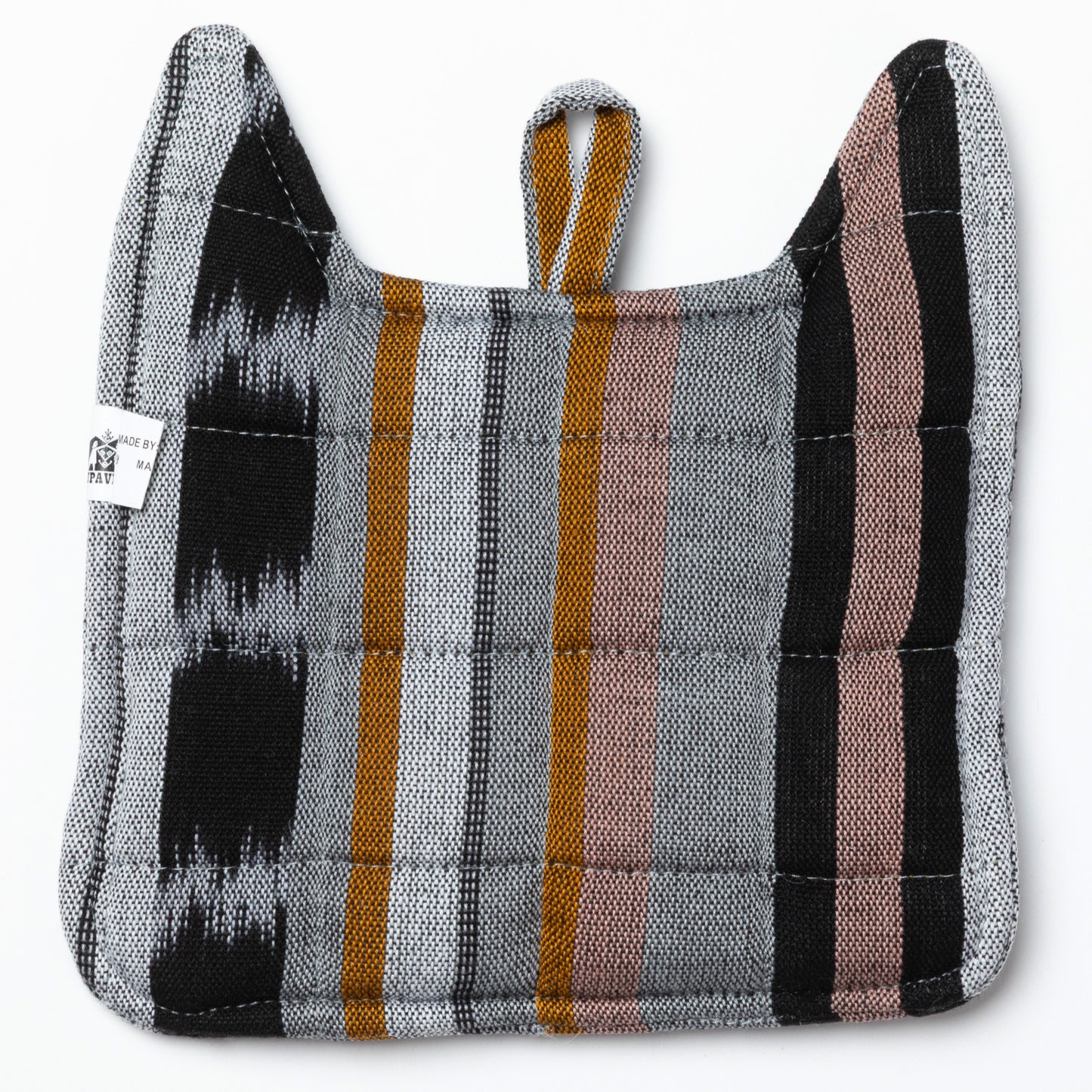 Back of a cat themed pot holder with striped colorful fabric