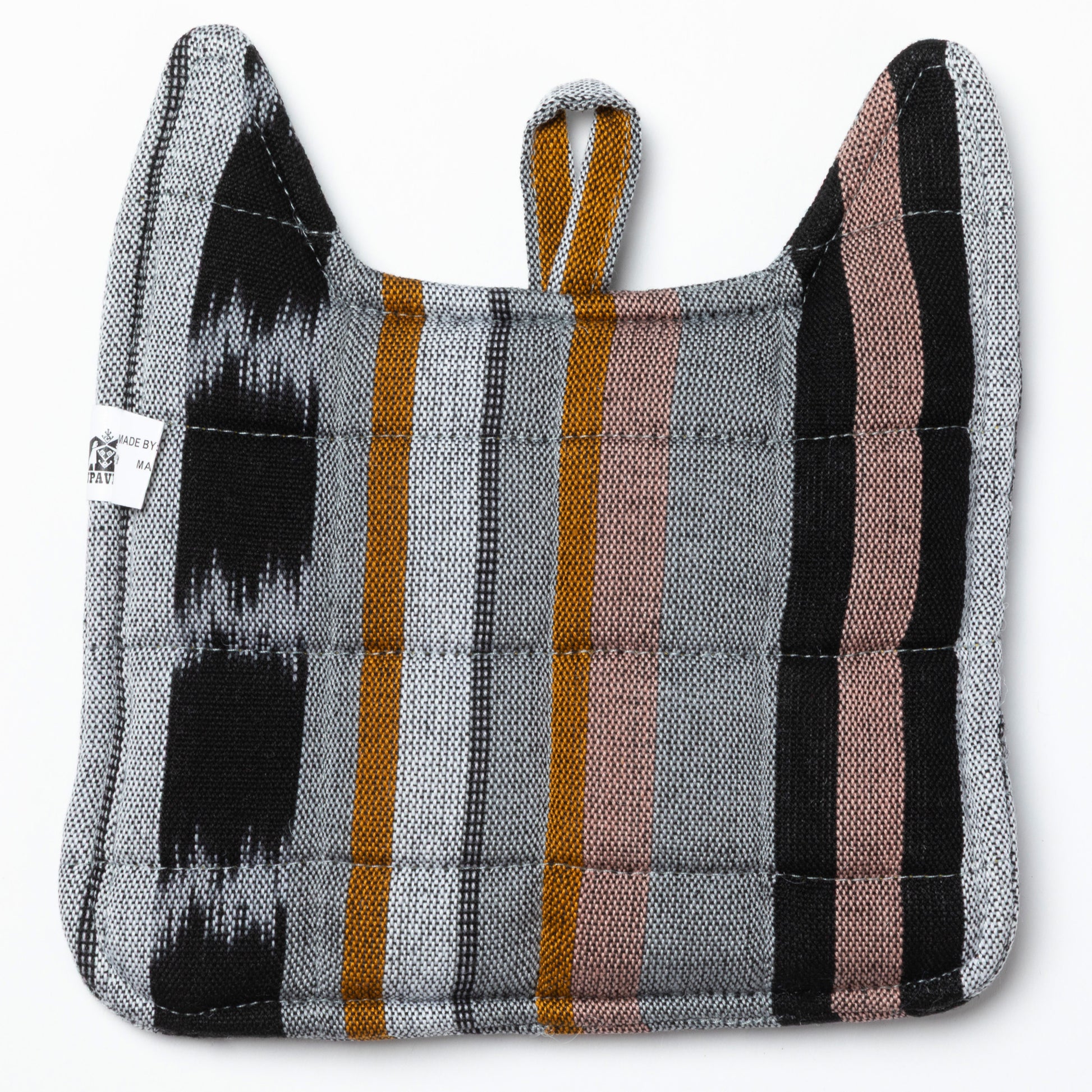 Back of a cat themed pot holder with striped colorful fabric