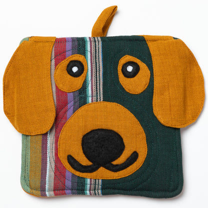 Dog-shaped pot holder with a striped pattern on a white background