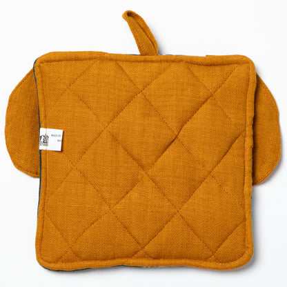 Pair of mustard yellow quilted pot holders on a white background