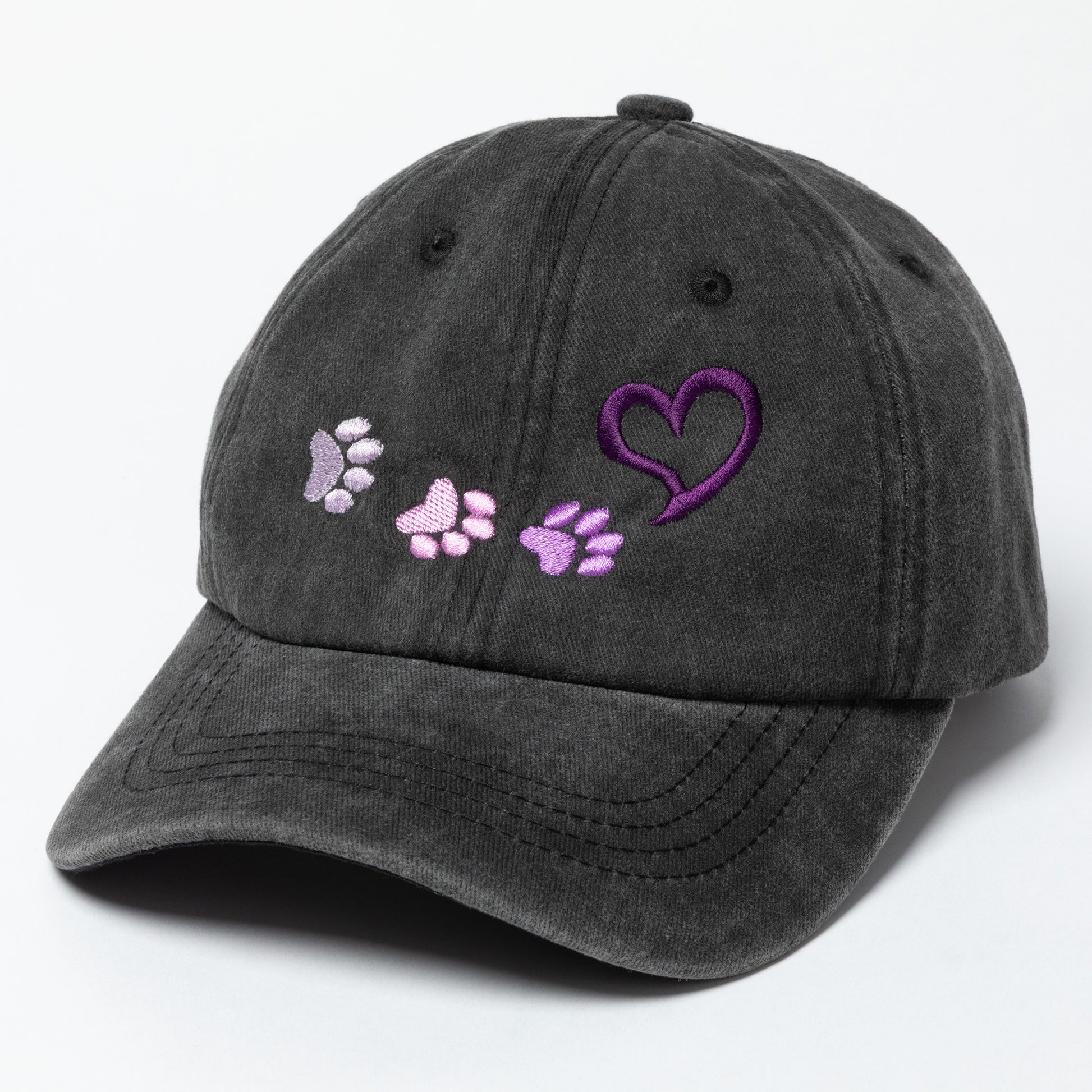 Gray cap with purple heart and pink paw prints on a white background