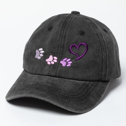 Gray cap with purple heart and pink paw prints on a white background