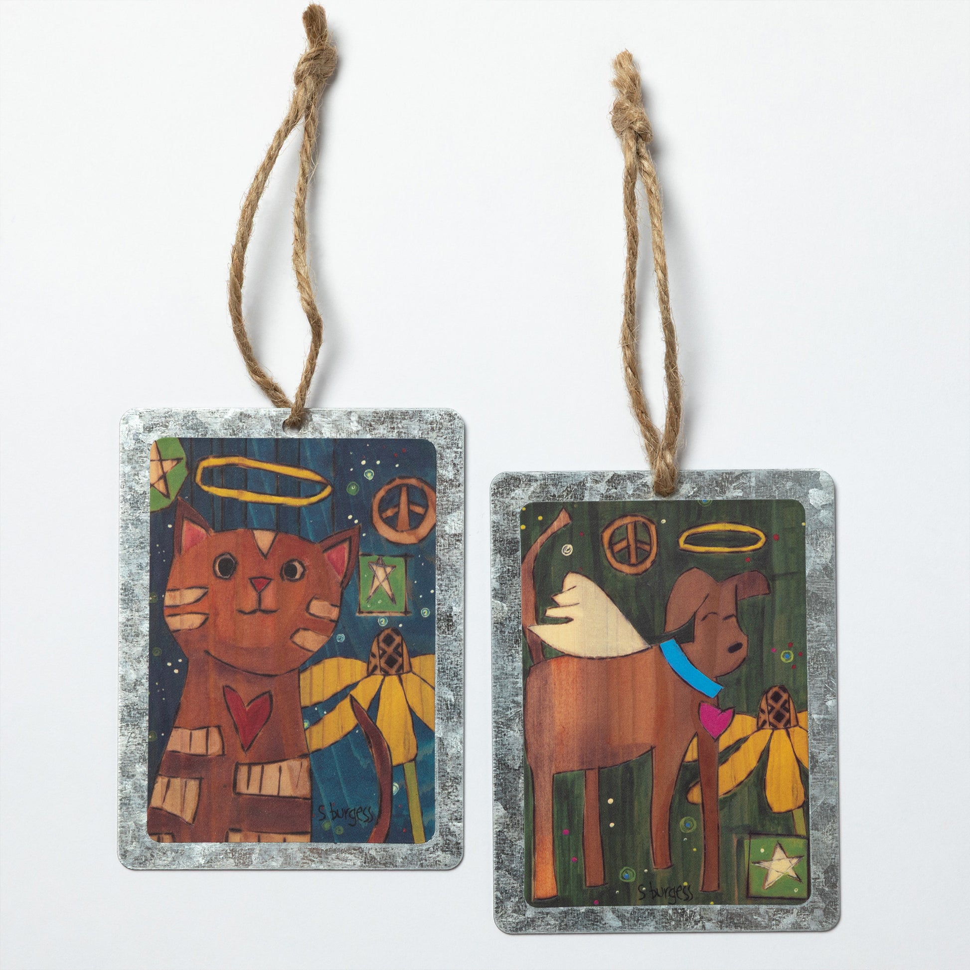 Two hanging ornaments with animal illustrations on a white background

