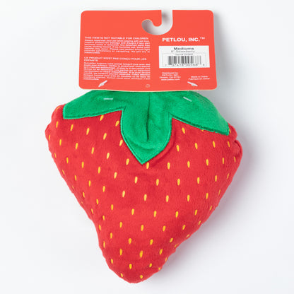 Red strawberry-shaped dog toy with a green leaf on a white background