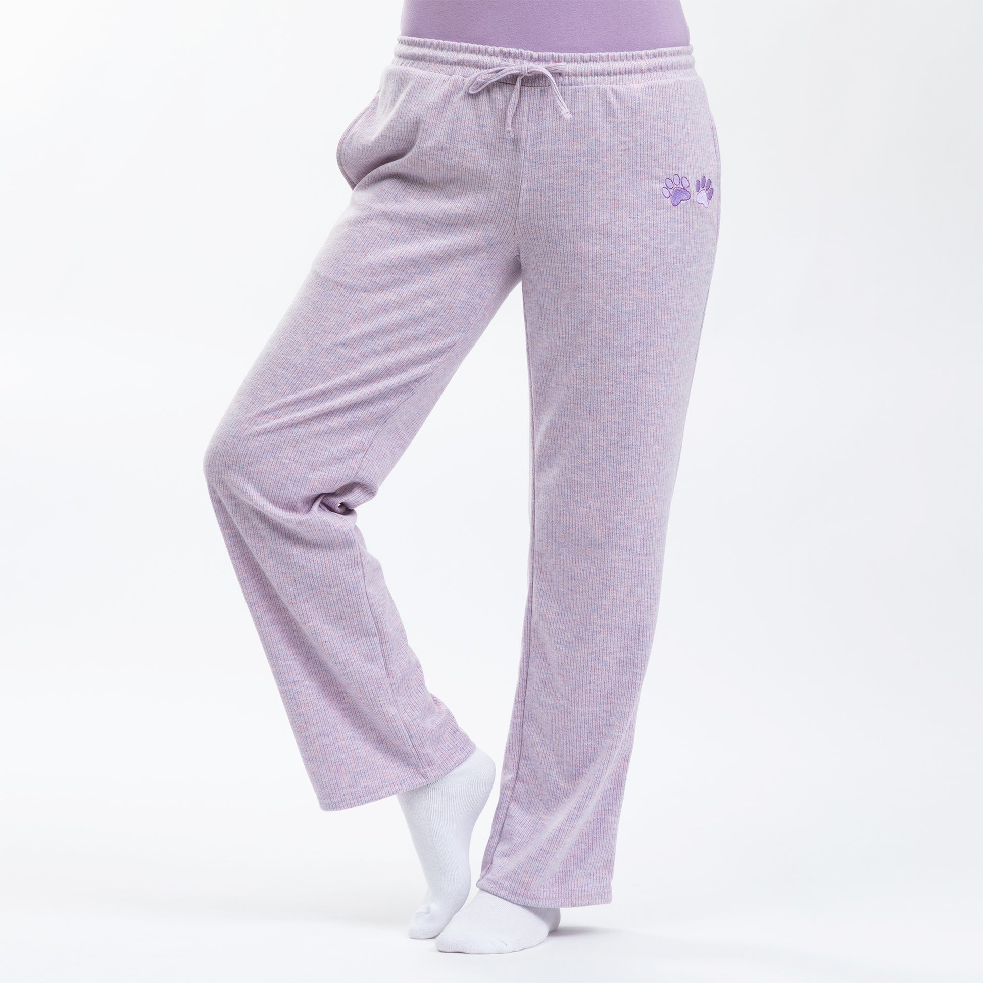 Purple rib knit lounge pants with a small embroidered paw print logo on a white background.