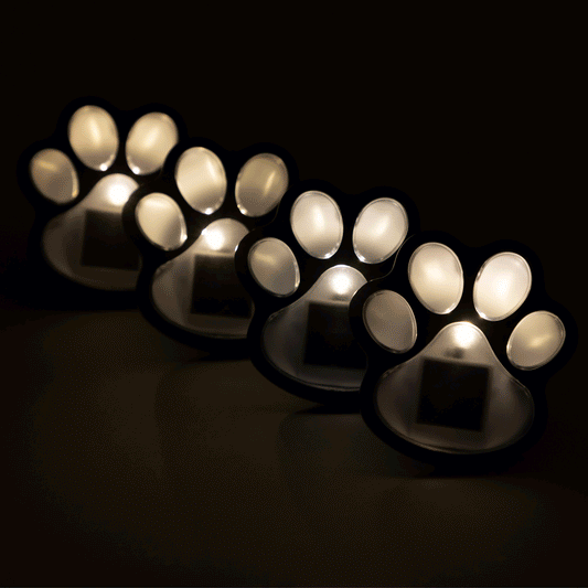 Four illuminated paw-shaped night lights against a dark background.