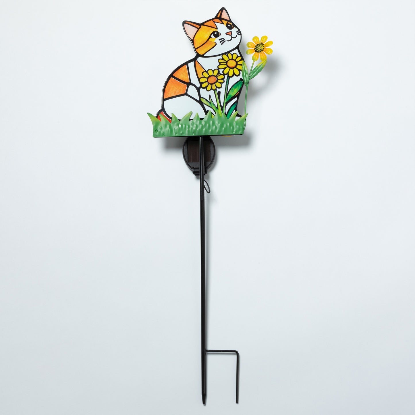 a full image of the Decorative garden stake with a cat with three yellow flowers design on a white background