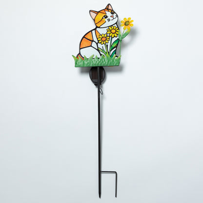 a full image of the Decorative garden stake with a cat with three yellow flowers design on a white background