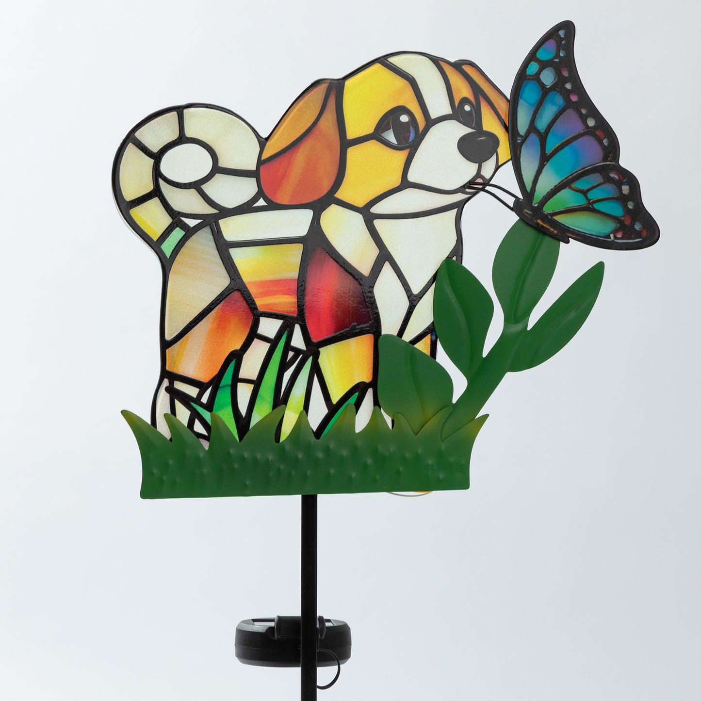 Colorful stained glass dog with a butterfly on a white background