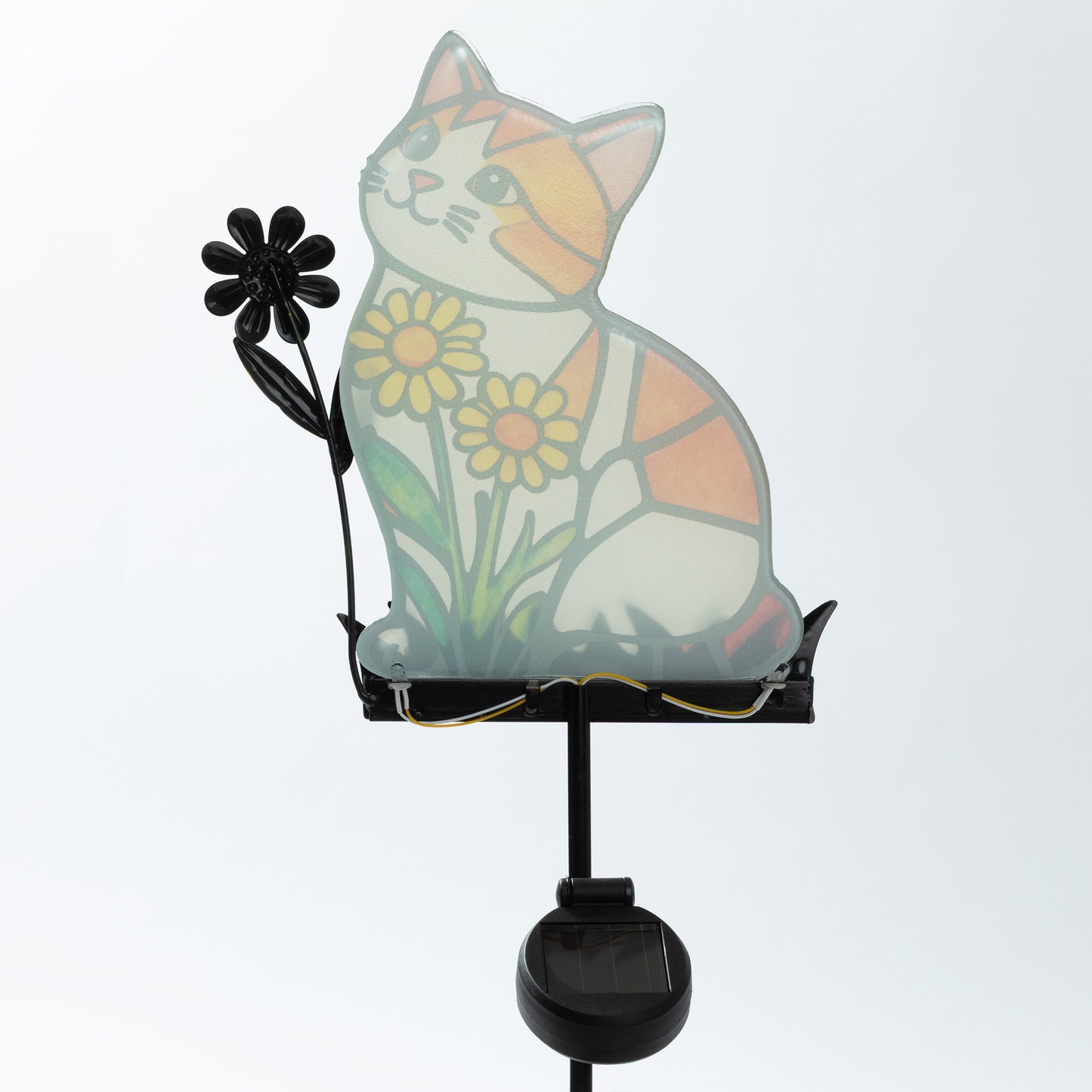 the back of the Decorative solar light shaped like a cat holding a flower, the solar light is one sided on a white background