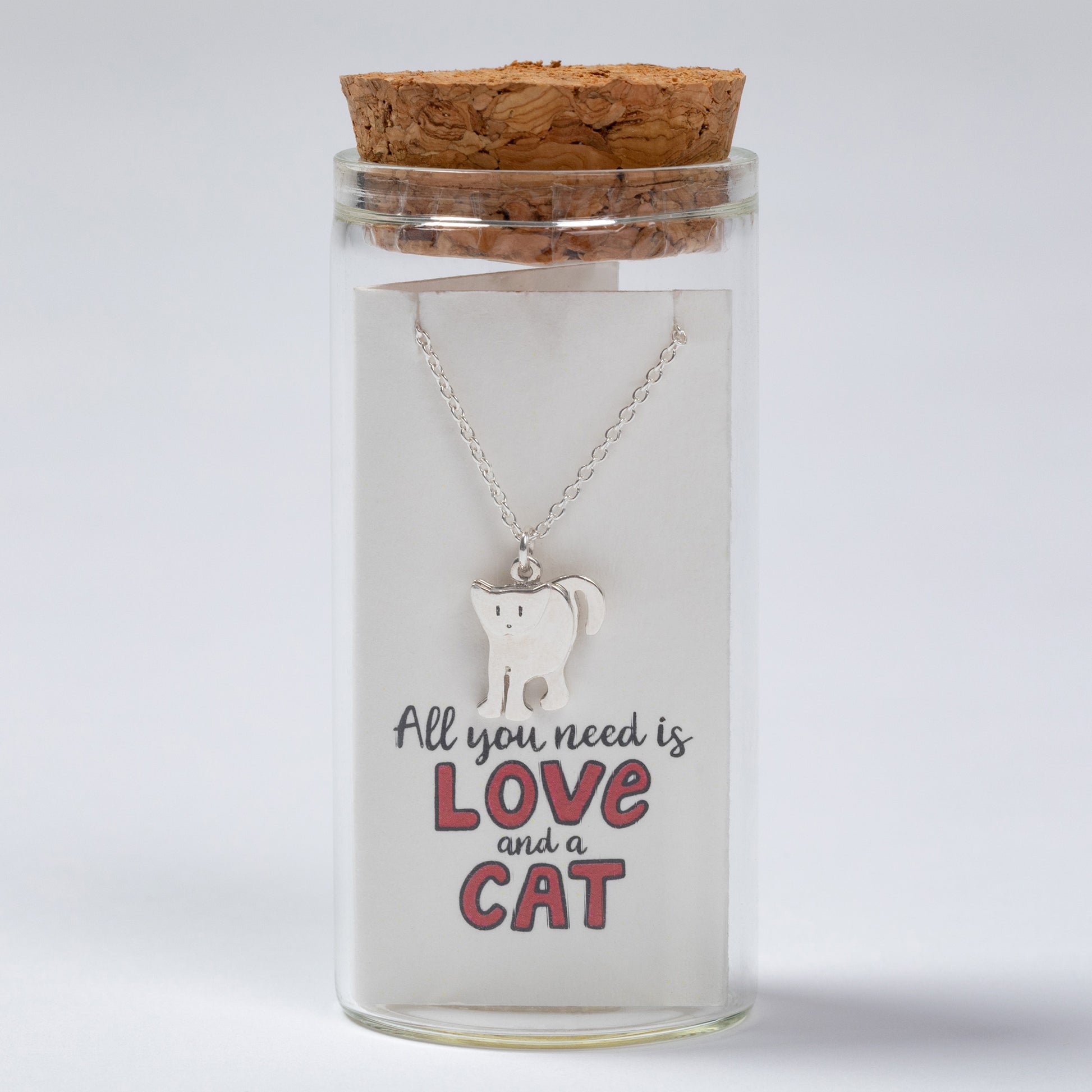 Cat-themed necklace in a glass jar with cork lid on a white background