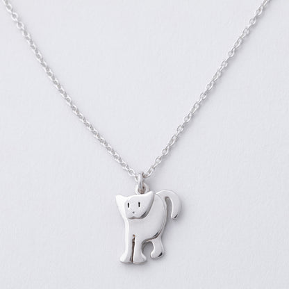 Silver cat-shaped pendant on a chain against a light gray background
