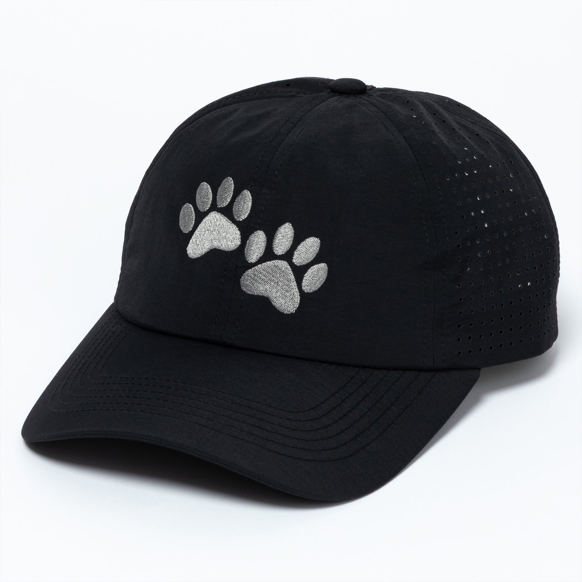 Black cap with gray embroidered paw prints on a white background