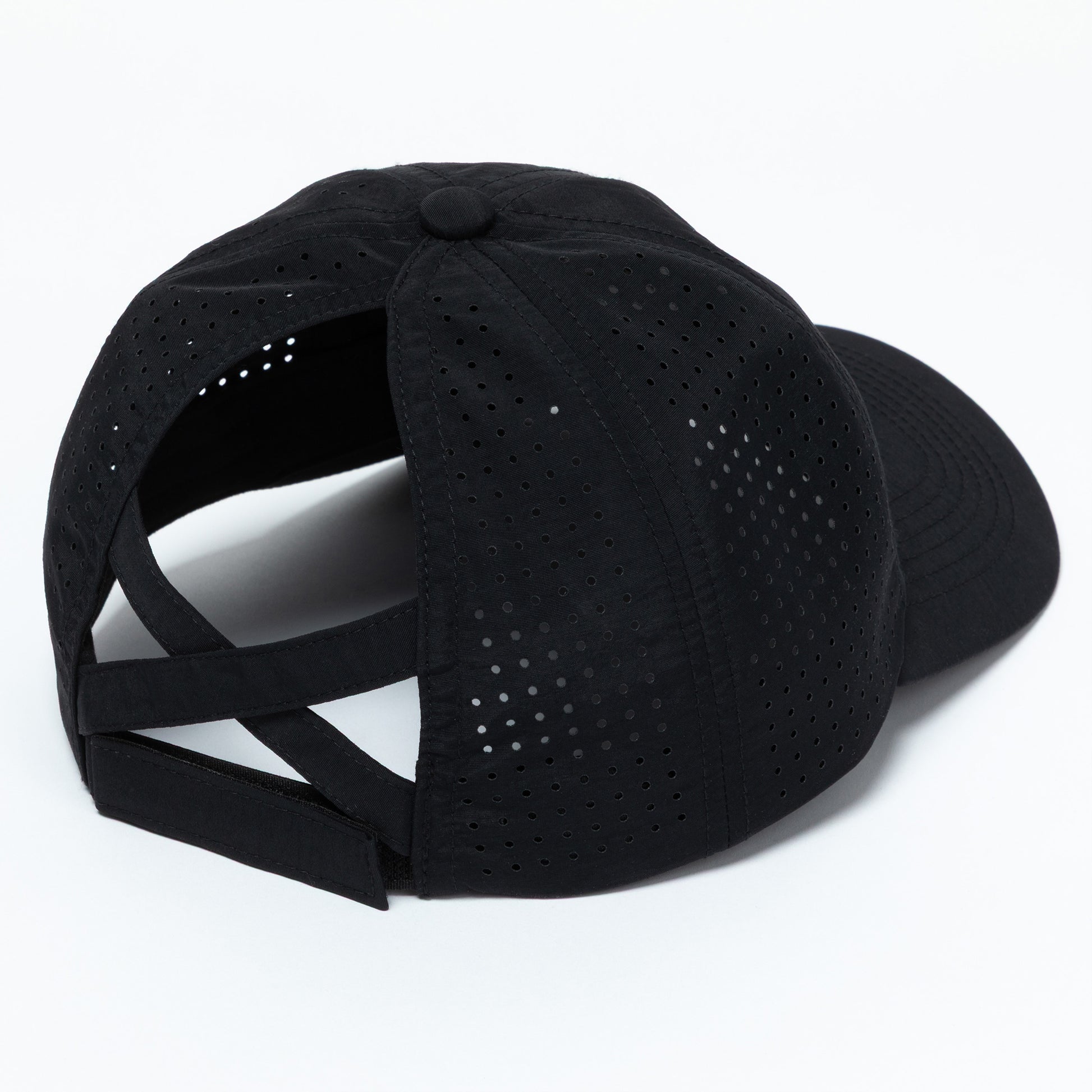 Black baseball cap with mesh design on a white background