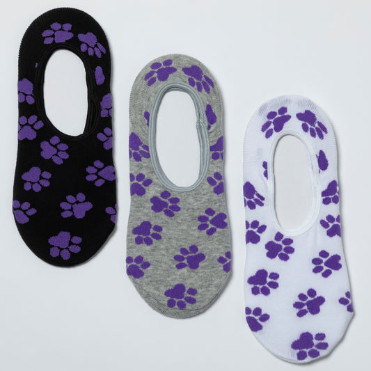 Three pairs of no-show socks with purple paw prints on a white background