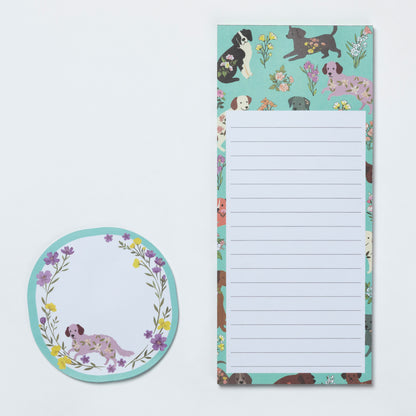 Notepad with dog illustrations on a floral background