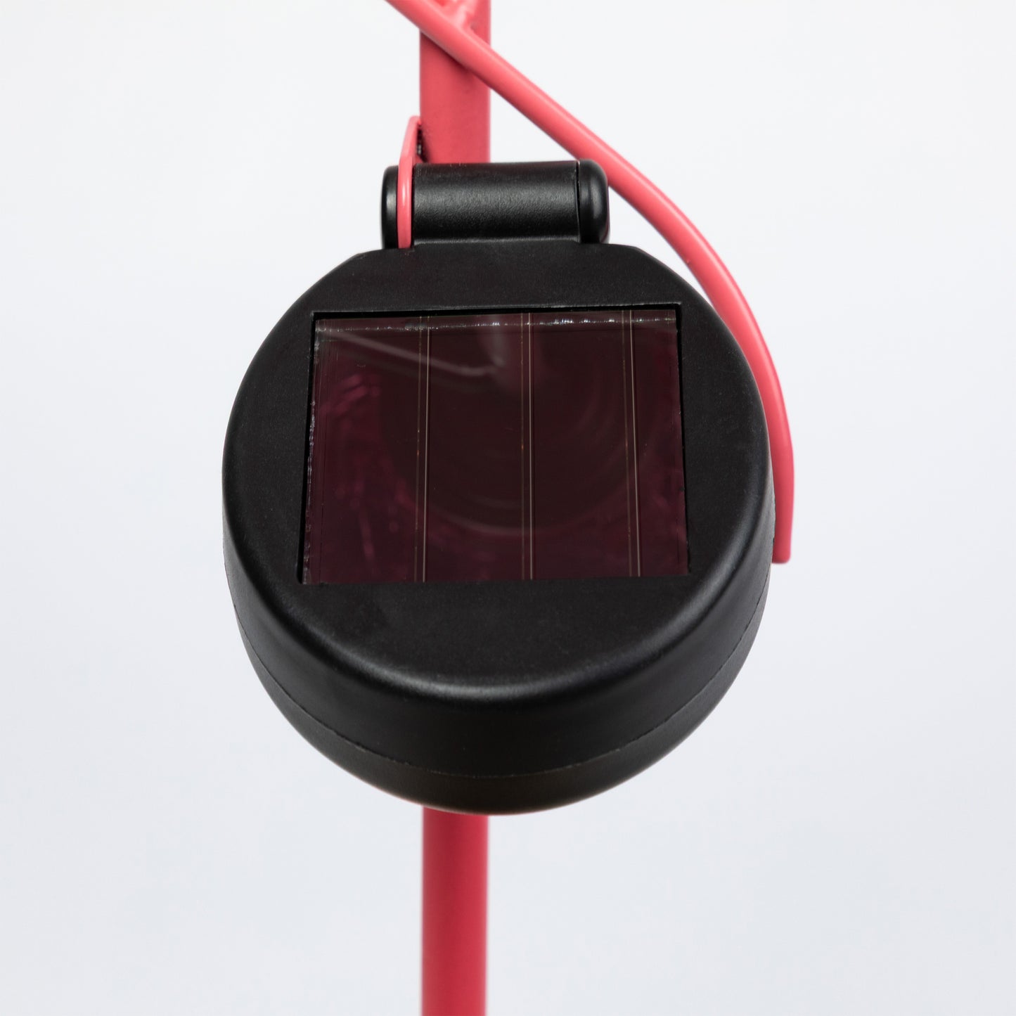 Black solar panel on a pink garden stake on a white background