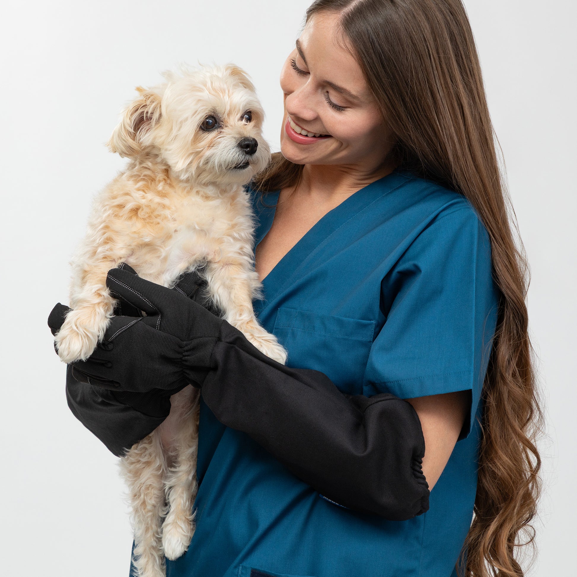 Woman in blue scrubs holding a small white dog on a plain background