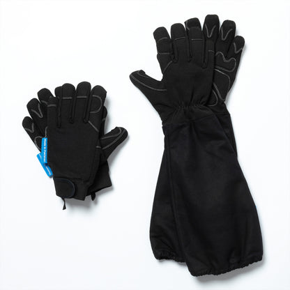 Black gloves with a blue tag on a white background